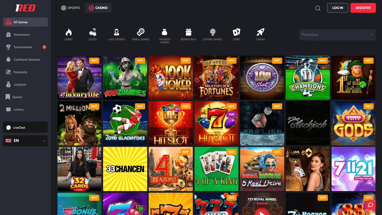 1Red Casino desktop games view