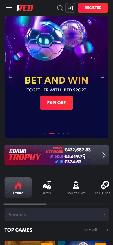 1Red Casino mobile home view
