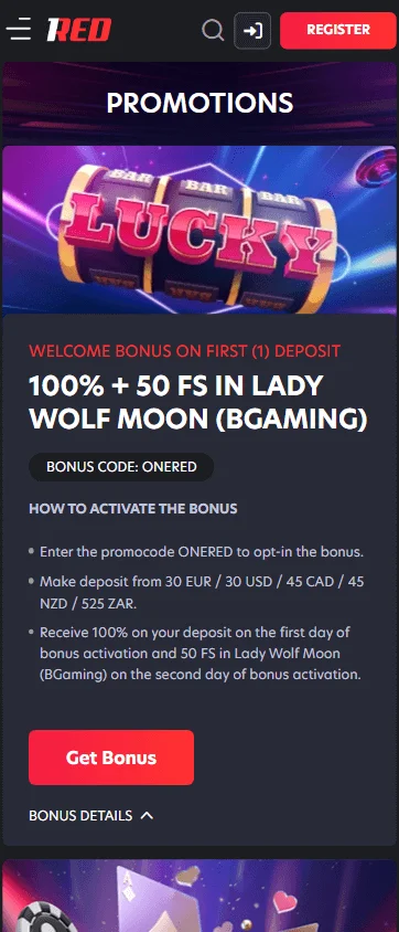 1Red Casino mobile promotions view