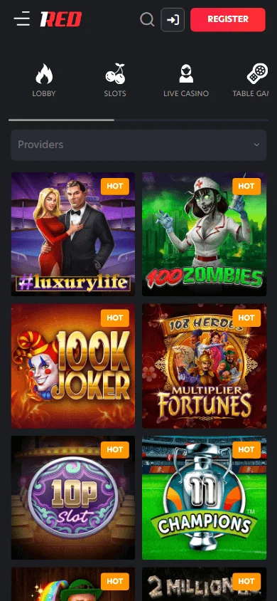 1Red Casino mobile games view