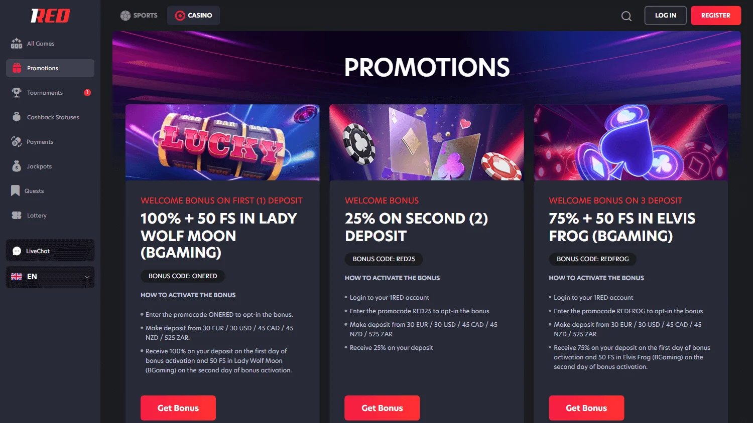 1Red Casino desktop promotions view