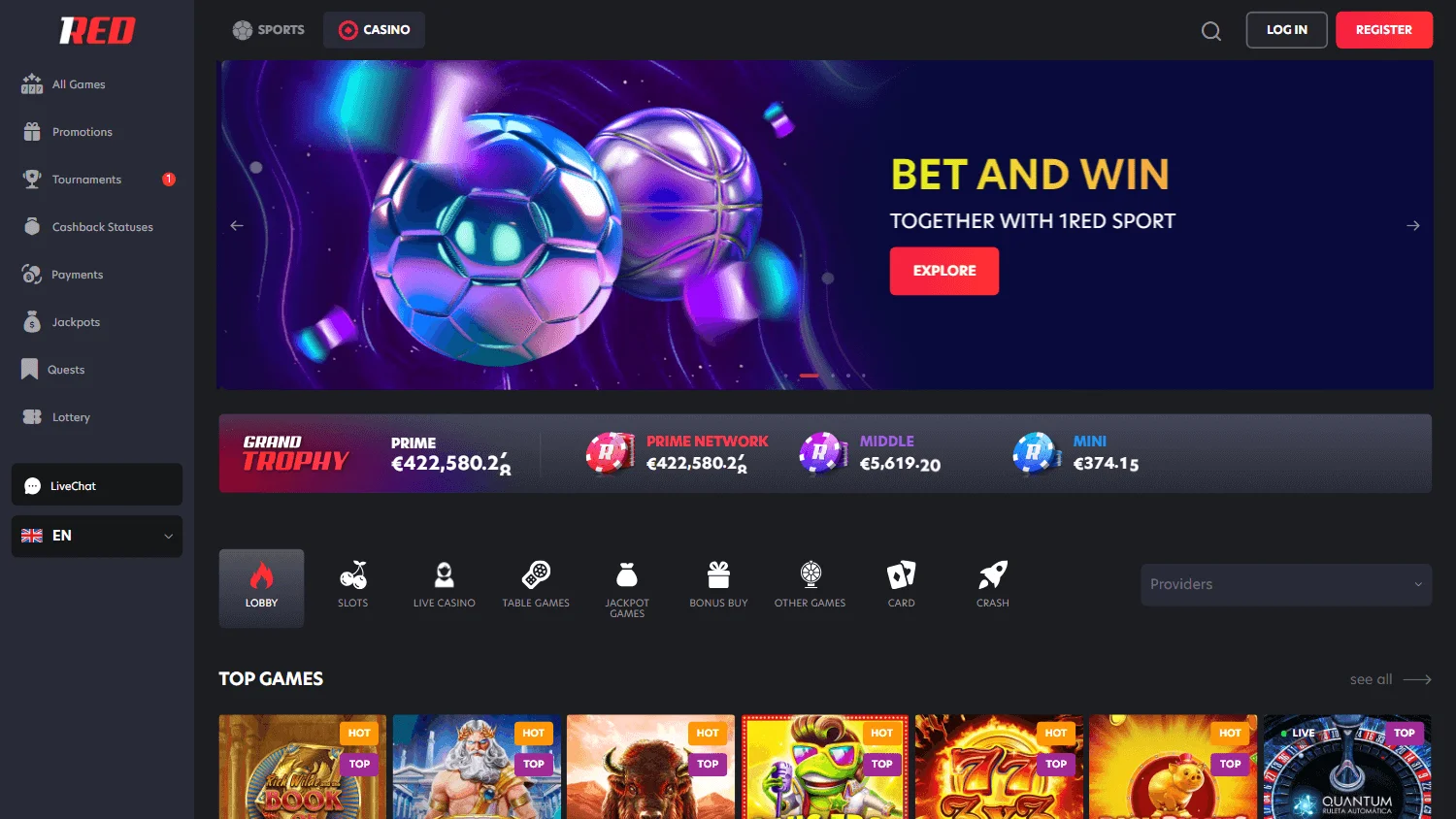 1Red Casino desktop home view